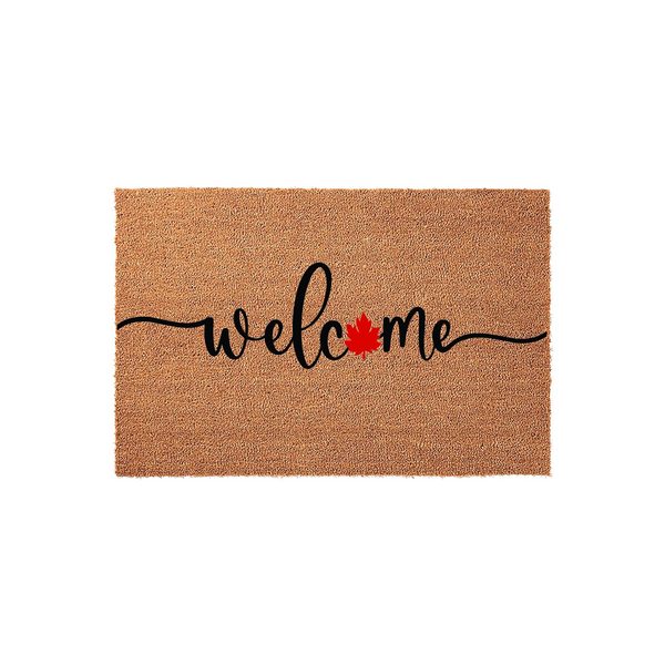 Fall Maple Leaf Welcome Doormat featuring a natural coir fiber texture with the word welcome written in elegant black script, where the letter o is replaced by a vibrant red maple leaf for a festive autumn porch decor aesthetic.