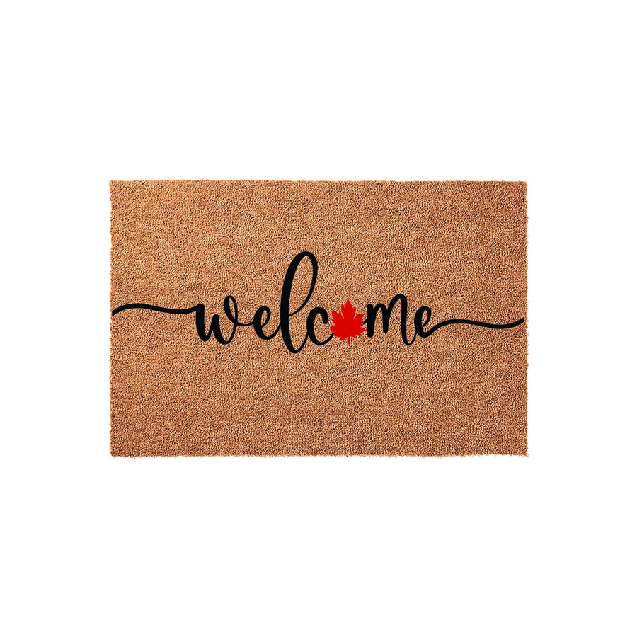 Fall Maple Leaf Welcome Doormat featuring a natural coir fiber texture with the word welcome written in elegant black script, where the letter o is replaced by a vibrant red maple leaf for a festive autumn porch decor aesthetic.