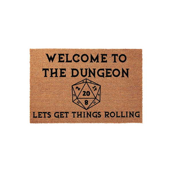 Dungeons and Dragons themed coir doormat featuring the text Welcome to the Dungeon and Lets Get Things Rolling with a large twenty-sided die graphic in the center, perfect for a gamer home entrance on a natural tan fiber