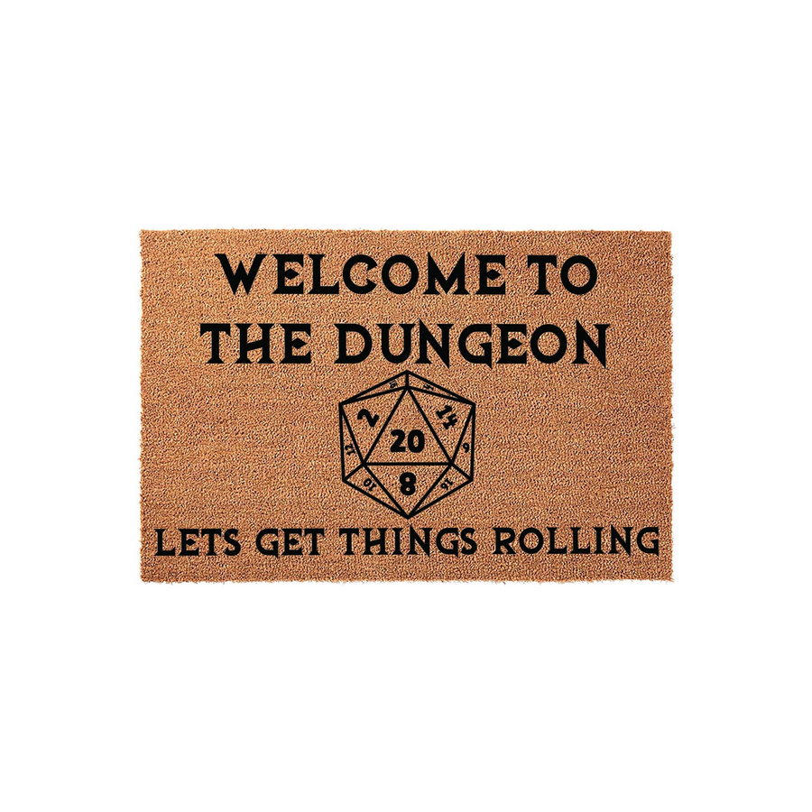 Dungeons and Dragons themed coir doormat featuring the text Welcome to the Dungeon and Lets Get Things Rolling with a large twenty-sided die graphic in the center, perfect for a gamer home entrance on a natural tan fiber