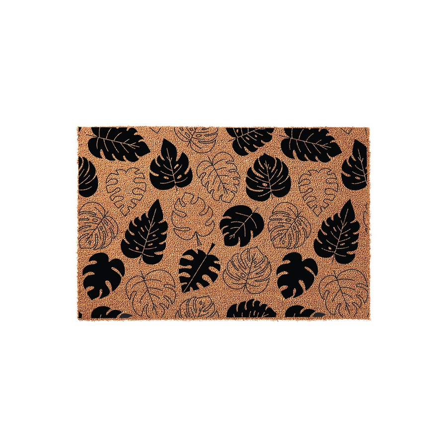 Tropical Monstera Leaf Coir Doormat featuring a natural tan fiber background with a repeating pattern of solid black and outlined monstera leaves, creating a modern botanical aesthetic for your front porch or entryway floor decor.