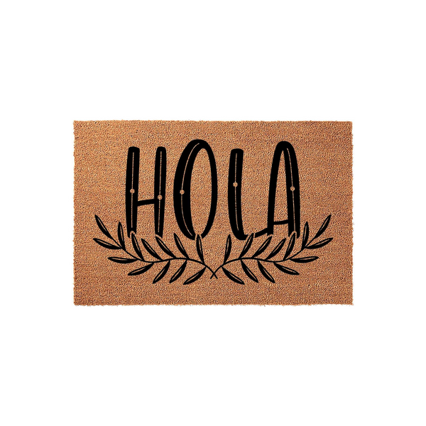 Hola natural coir doormat featuring a bold black script font and a decorative leafy branch design, displayed on a clean white background to provide a welcoming and stylish entrance for your home or front porch decor.