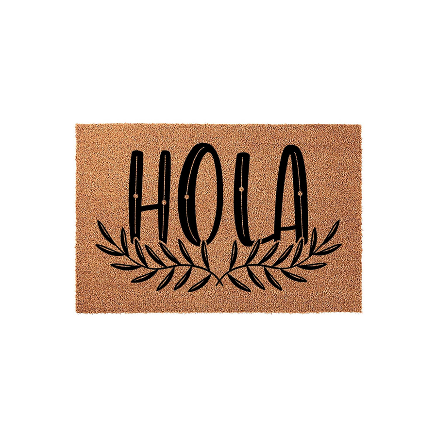Hola natural coir doormat featuring a bold black script font and a decorative leafy branch design, displayed on a clean white background to provide a welcoming and stylish entrance for your home or front porch decor.