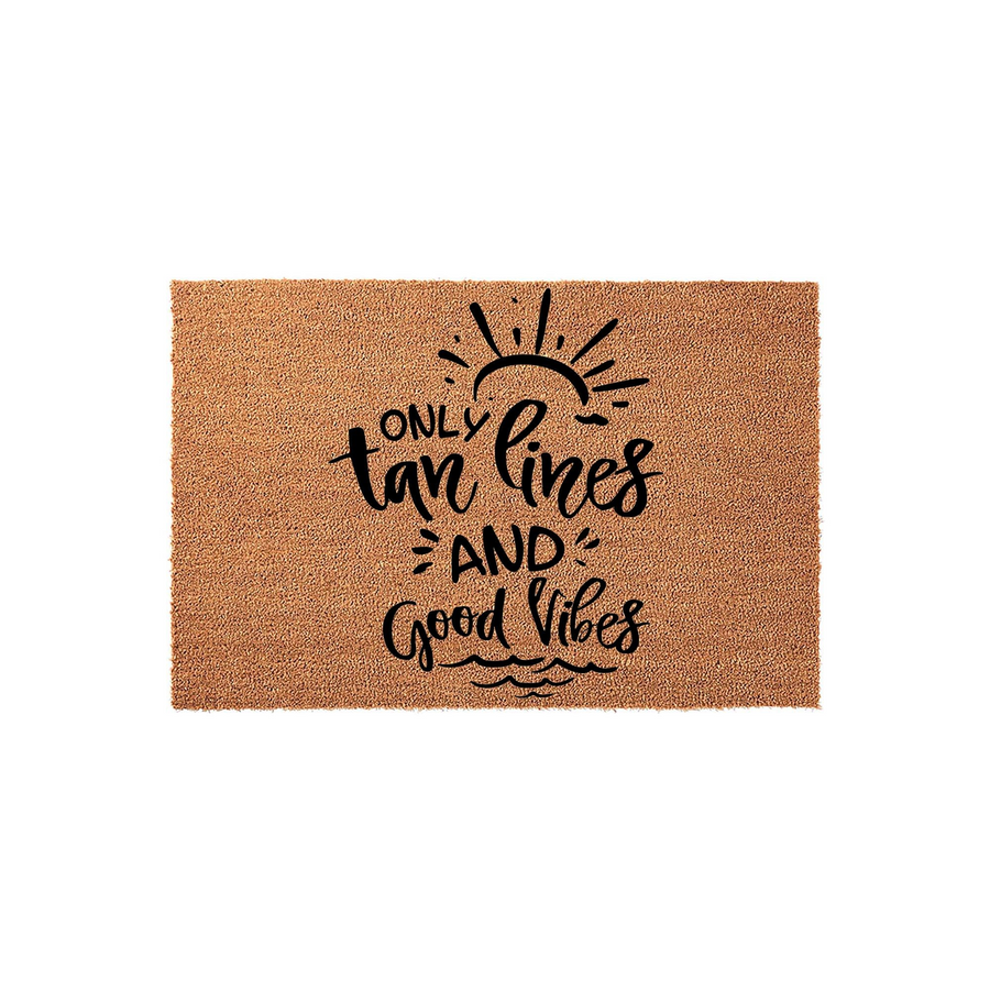 Summer Beach Themed Coir Doormat featuring a sun graphic and the text Only Tan Lines and Good Vibes printed in black ink on a natural brown textured fiber background, perfect for a coastal home entryway or a fun outdoor patio