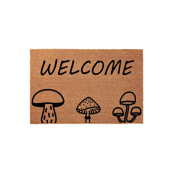 Mushroom Welcome Doormat featuring a natural coir texture with a black printed design of three distinct mushrooms and the word Welcome, creating a charming cottagecore aesthetic for your front porch or entryway decor.