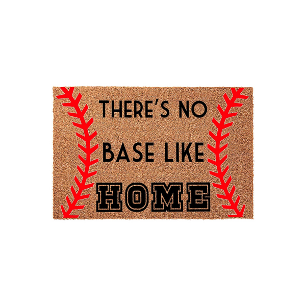 Baseball Themed Welcome Doormat featuring a natural coir texture with red stitched laces and the playful text There is no base like home in bold black lettering, creating a fun sports decor accent for any baseball fan's front