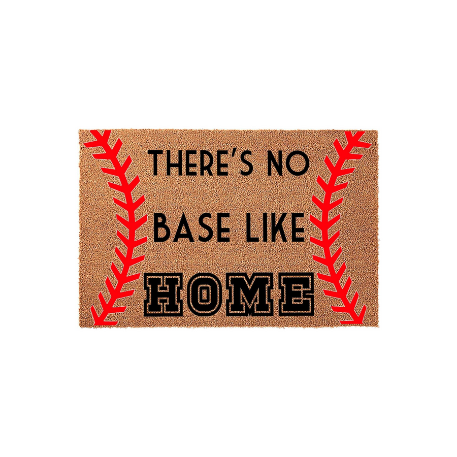 Baseball Themed Welcome Doormat featuring a natural coir texture with red stitched laces and the playful text There is no base like home in bold black lettering, creating a fun sports decor accent for any baseball fan's front
