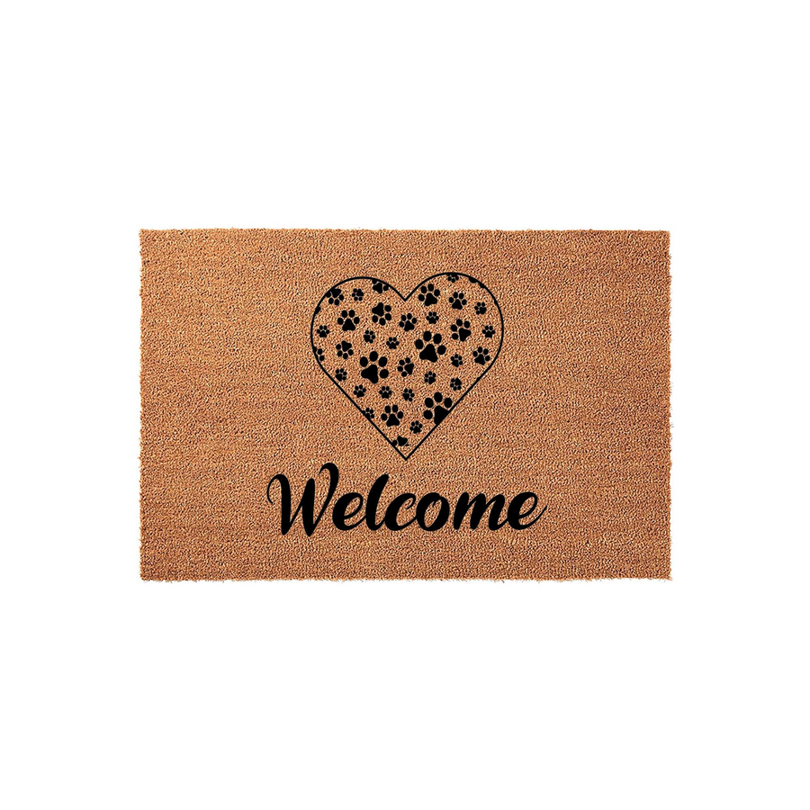 Paw Print Heart Welcome Doormat made of natural coir fiber, featuring a large black heart shape filled with various animal paw prints above the word Welcome in elegant black script, set against a clean and simple white studio