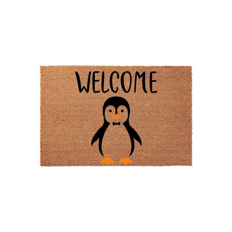 Penguin Welcome Doormat featuring a cute black and white penguin illustration centered on a natural brown coir fiber mat, with the word Welcome printed in a clean black sans-serif font above the animal for a charming entryway