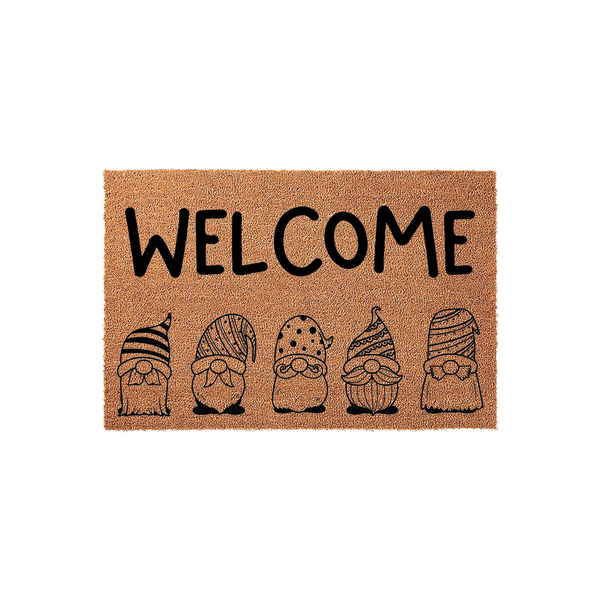 Gnome Welcome Doormat featuring a natural coir texture with a bold black printed welcome message and a row of five whimsical gnomes in various patterned hats, creating a festive and inviting entryway decor piece for your front