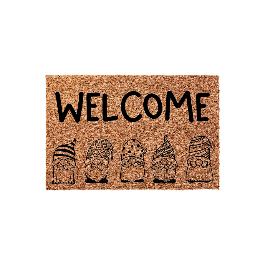 Gnome Welcome Doormat featuring a natural coir texture with a bold black printed welcome message and a row of five whimsical gnomes in various patterned hats, creating a festive and inviting entryway decor piece for your front