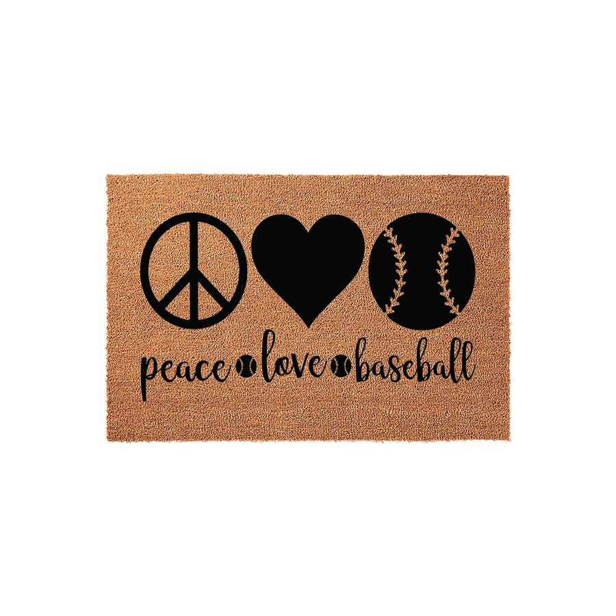 Peace Love Baseball Coir Doormat featuring a natural brown fiber texture with a black printed design of a peace sign, a heart, and a baseball, accompanied by the cursive text peace love baseball centered on a clean white