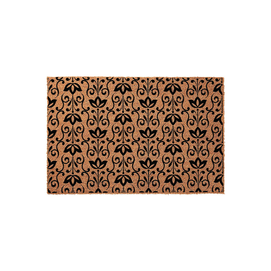 Floral Pattern Coir Doormat featuring a repeating black botanical design printed on a natural tan coconut fiber background, creating a classic and elegant entryway accent for your home porch or front door area.