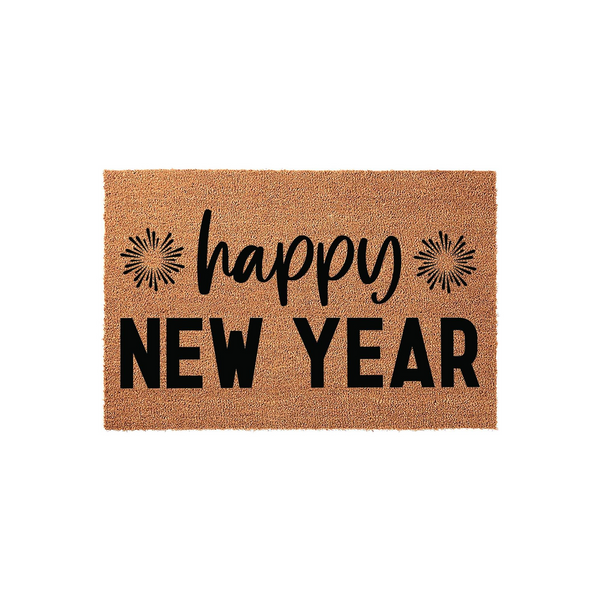 Happy New Year coir doormat featuring a natural brown fiber texture with black text and firework icons, creating a festive entryway decoration for the holiday season that welcomes guests to your home with a cheerful seasonal