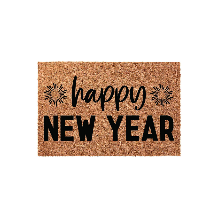 Happy New Year coir doormat featuring a natural brown fiber texture with black text and firework icons, creating a festive entryway decoration for the holiday season that welcomes guests to your home with a cheerful seasonal