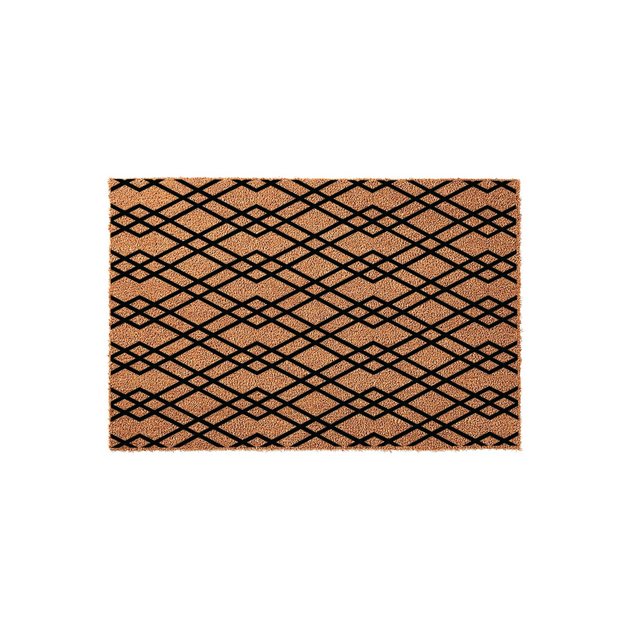 Geometric pattern coir doormat featuring a natural tan fiber texture with a bold black diamond lattice design, providing a modern and durable entryway floor covering for your home porch or front door area against a plain white