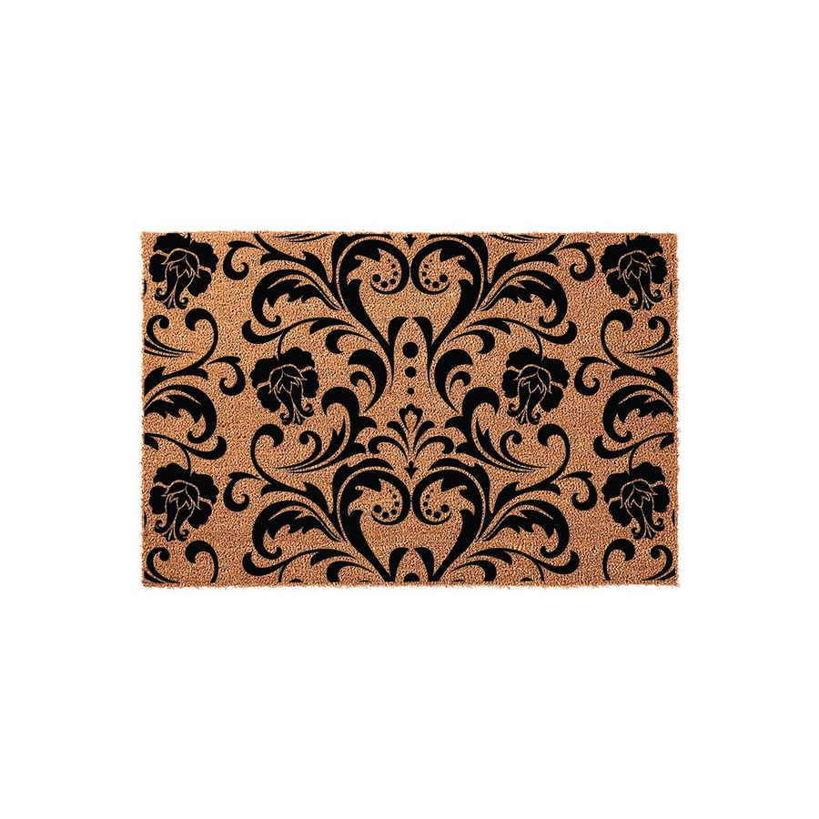Damask Pattern Coir Doormat featuring a bold black floral scrollwork design printed on a natural tan coconut fiber background, providing a sophisticated and durable entryway accent for your home porch or front door decor.