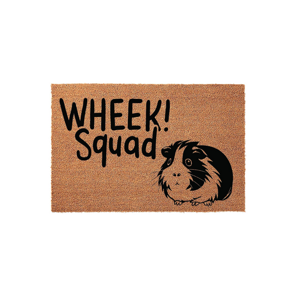 Wheek Squad Guinea Pig Doormat featuring a natural coir texture with a black graphic of a cute guinea pig and the playful text Wheek Squad printed on the front, perfect for any pet lover's home entrance on a clean white