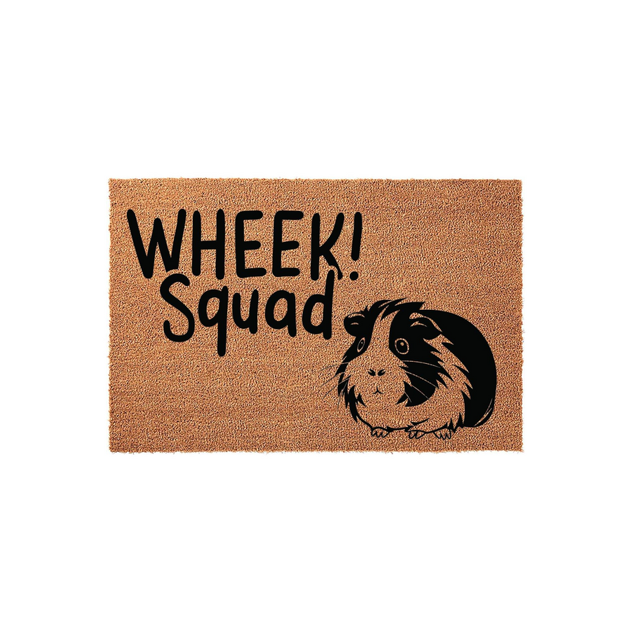 Wheek Squad Guinea Pig Doormat featuring a natural coir texture with a black graphic of a cute guinea pig and the playful text Wheek Squad printed on the front, perfect for any pet lover's home entrance on a clean white