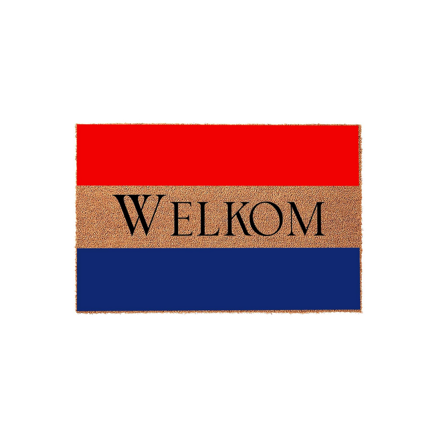 Welkom coir doormat featuring a horizontal tricolor design with red, natural tan, and blue stripes, providing a rustic and inviting entrance accessory for your front porch or home entryway on a clean white background.