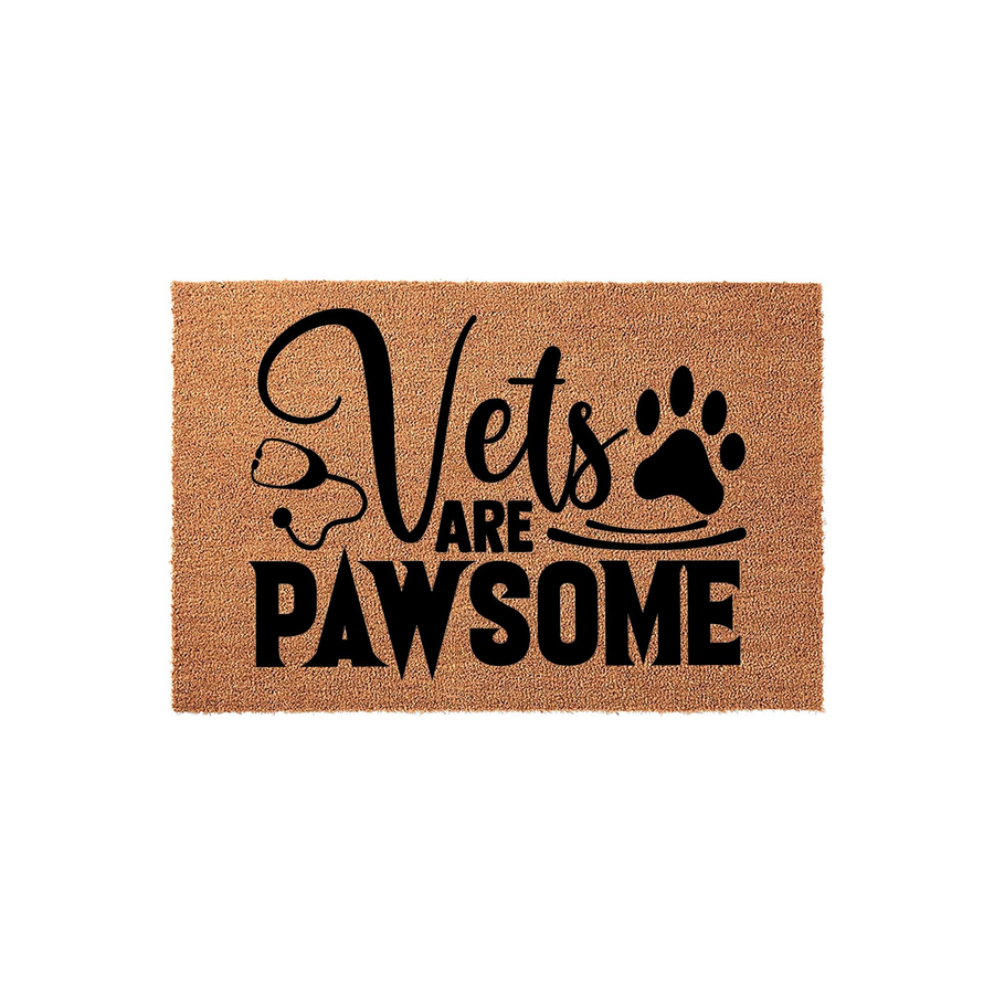 Veterinarian themed coir doormat featuring the text Vets Are Pawsome in bold black lettering, accented with a stethoscope icon and a paw print design on a natural brown textured fiber background for a professional office or home