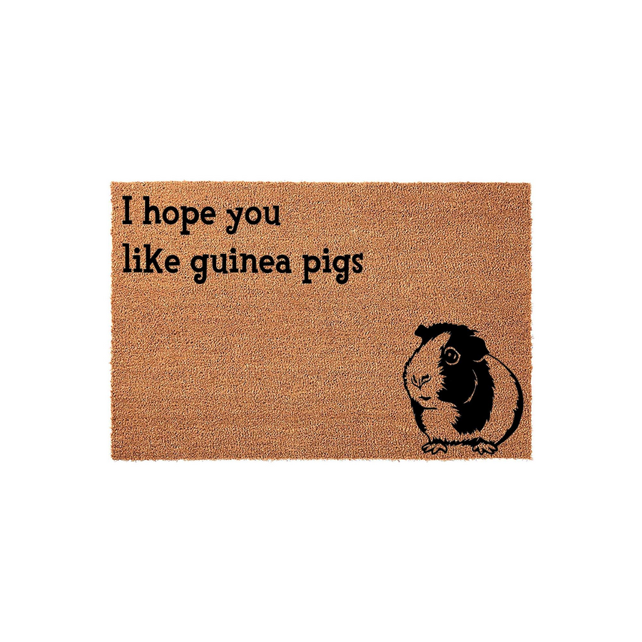 I hope you like guinea pigs coir doormat featuring a cute black and tan guinea pig illustration on a natural brown fiber background, perfect for adding a fun and welcoming touch to your front porch or entryway decor.