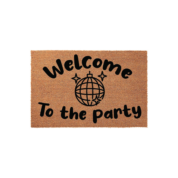 Disco Ball Welcome To The Party Doormat featuring a natural coir texture with bold black lettering and a central disco ball graphic, creating a fun and retro aesthetic for your front porch entryway decor on a clean white