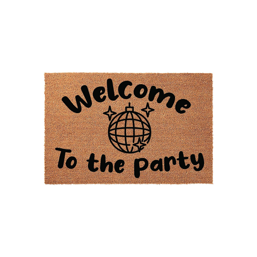 Disco Ball Welcome To The Party Doormat featuring a natural coir texture with bold black lettering and a central disco ball graphic, creating a fun and retro aesthetic for your front porch entryway decor on a clean white