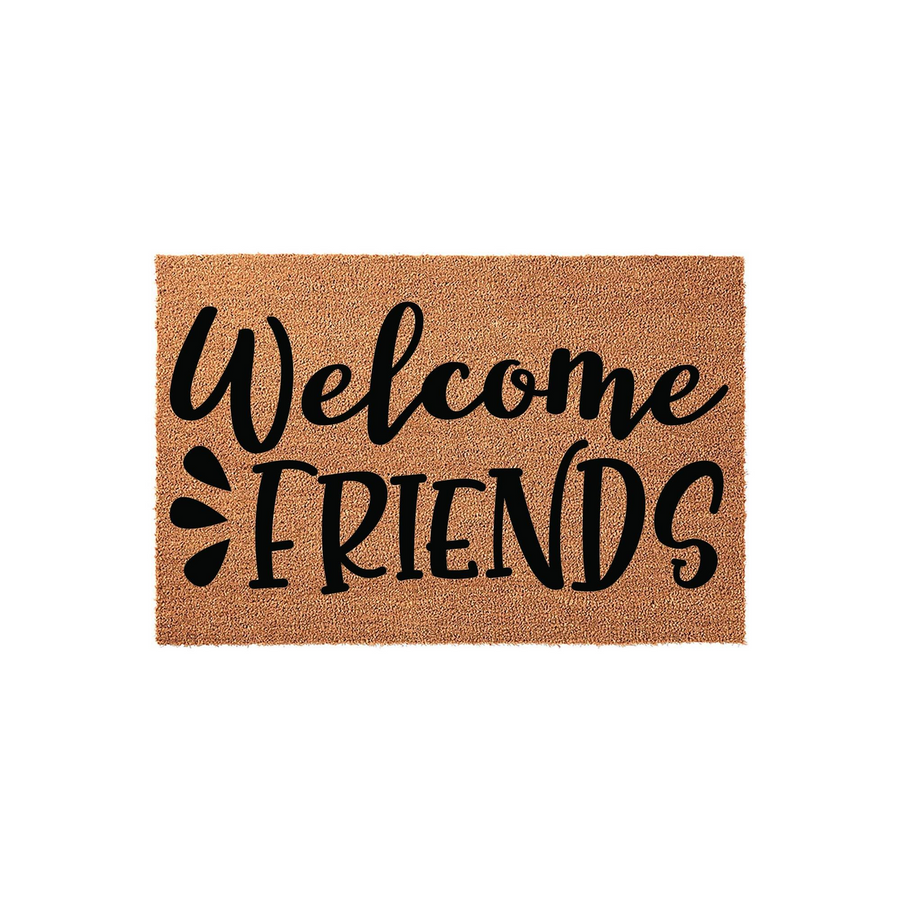 Welcome Friends coir doormat featuring a natural tan fiber texture and bold black script lettering, providing a warm and inviting entrance decor piece for your front porch or home entryway that greets all your guests with style.