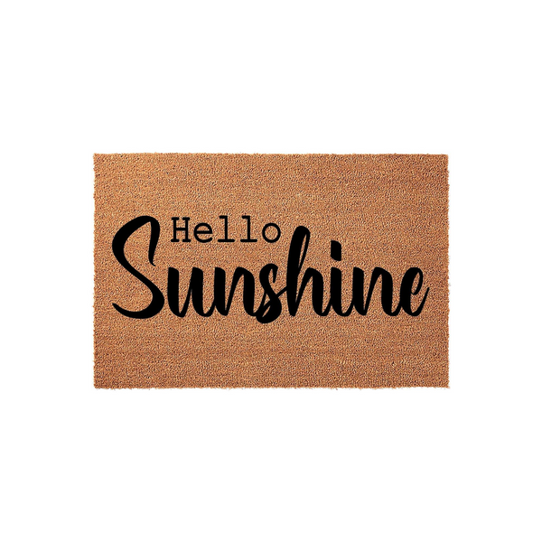 Hello Sunshine coir doormat featuring a natural brown fiber texture and bold black lettering that reads Hello Sunshine, providing a cheerful and welcoming entrance decor piece for your front porch or home entryway.