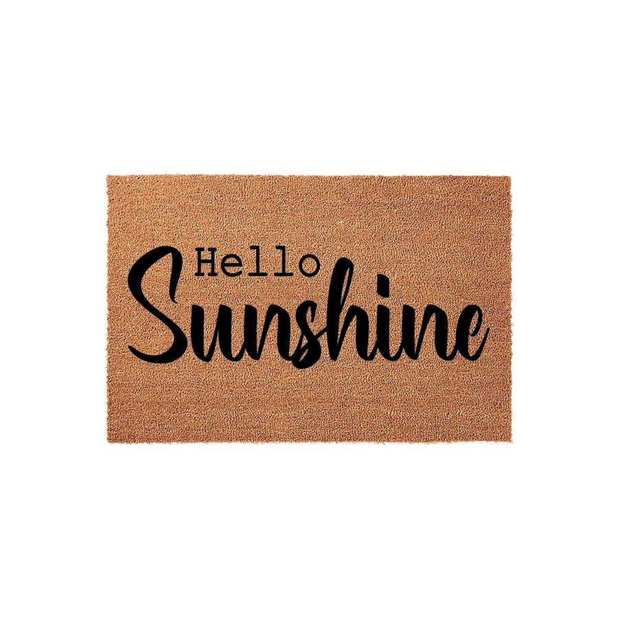 Hello Sunshine coir doormat featuring a natural brown fiber texture and bold black lettering that reads Hello Sunshine, providing a cheerful and welcoming entrance decor piece for your front porch or home entryway.