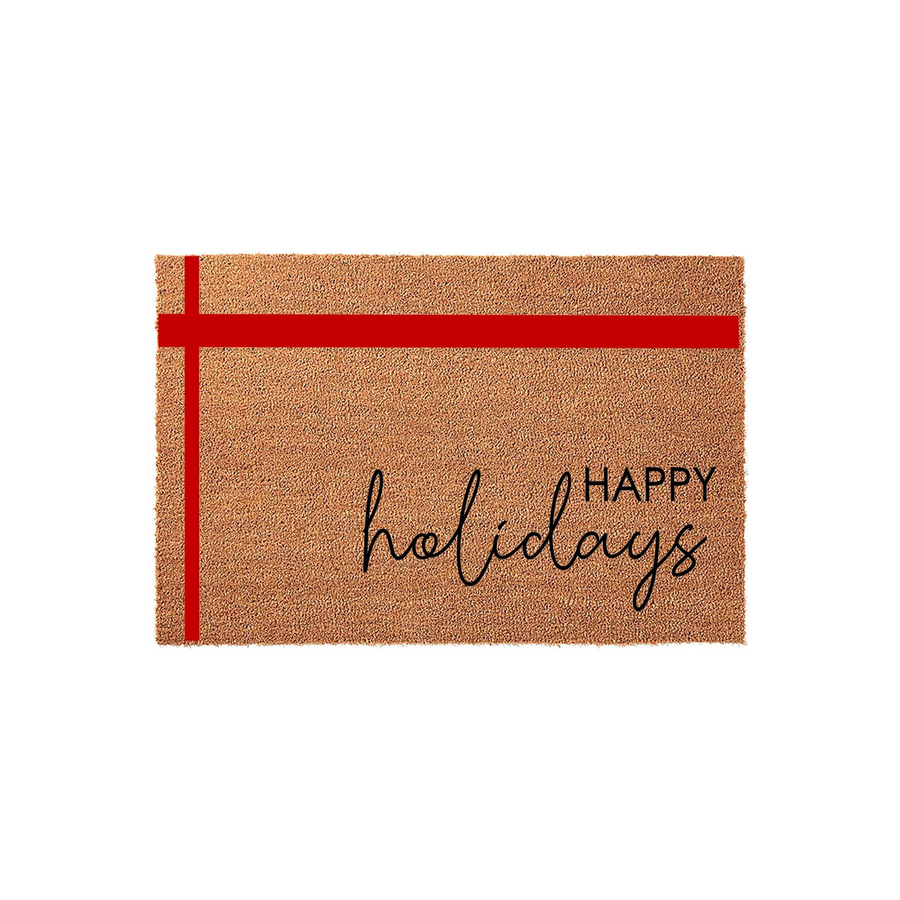 Happy Holidays coir doormat featuring a festive red ribbon design printed across the natural brown fiber surface, creating a welcoming seasonal entrance decor piece for your front porch during the winter months.