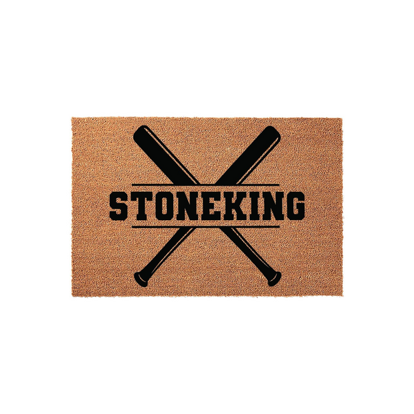 Personalized Baseball Doormat featuring a natural coir texture with two black crossed baseball bats printed in the center, providing a sporty and welcoming entrance for any baseball fan's home with a custom family name design.
