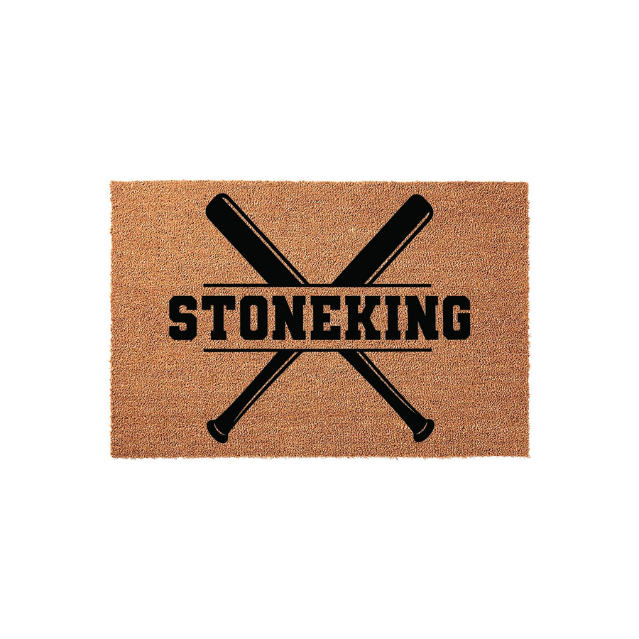 Personalized Baseball Doormat featuring a natural coir texture with two black crossed baseball bats printed in the center, providing a sporty and welcoming entrance for any baseball fan's home with a custom family name design.