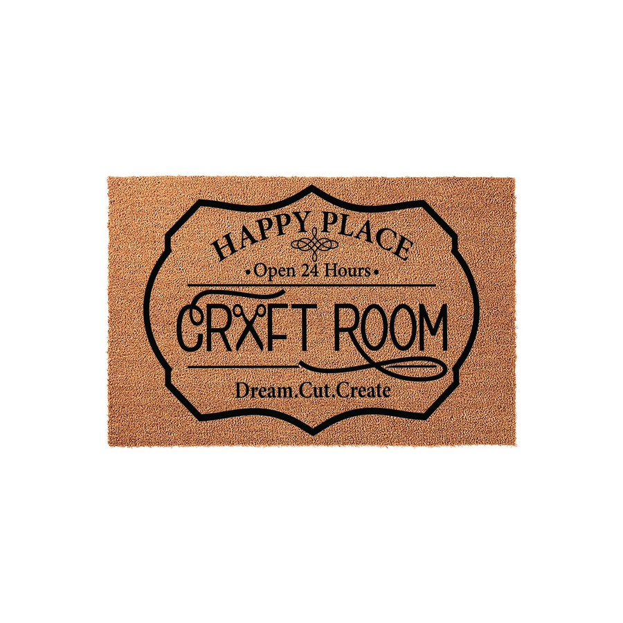 Craft Room Happy Place Doormat featuring a natural coir texture with black printed text that reads Happy Place Open 24 Hours Craft Room Dream Cut Create inside a decorative frame on a clean white background for a creative home