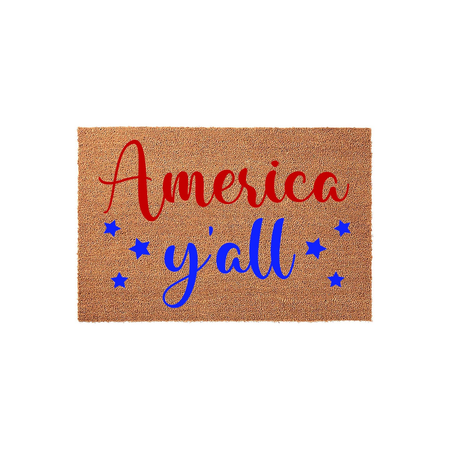 America Y'all Patriotic Coir Doormat featuring red script lettering for America and blue cursive text for y'all, accented by small blue stars on a natural brown fiber background for a festive Fourth of July or summer porch