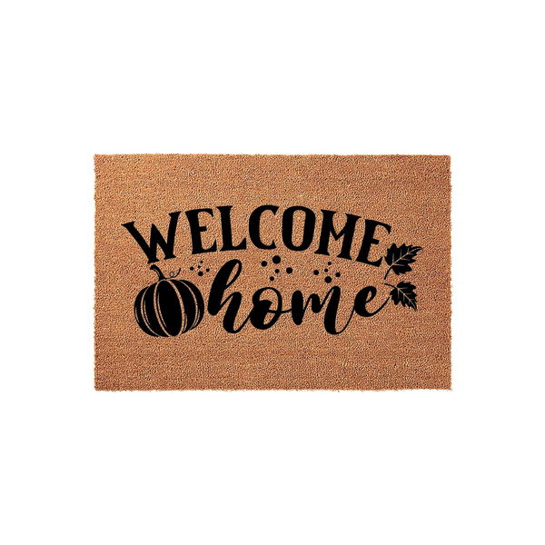 Fall Pumpkin Welcome Home Doormat featuring a natural coir texture with black printed text and a decorative pumpkin illustration, creating a festive autumn entryway accent for your front porch decor during the harvest season.