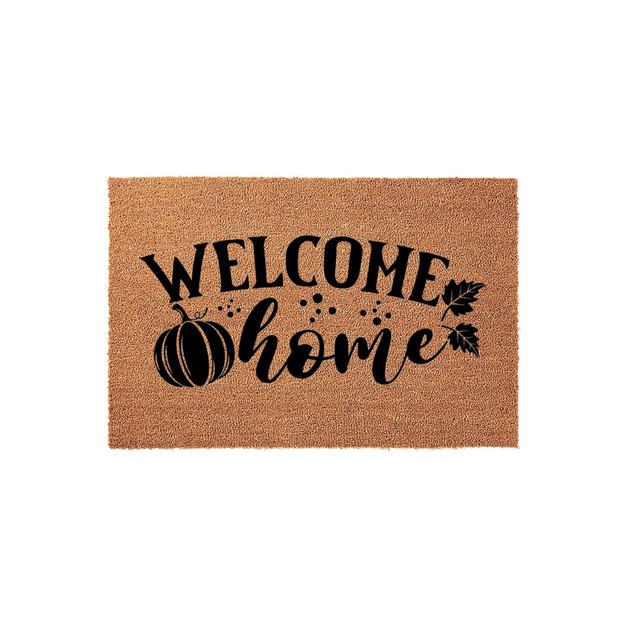 Fall Pumpkin Welcome Home Doormat featuring a natural coir texture with black printed text and a decorative pumpkin illustration, creating a festive autumn entryway accent for your front porch decor during the harvest season.