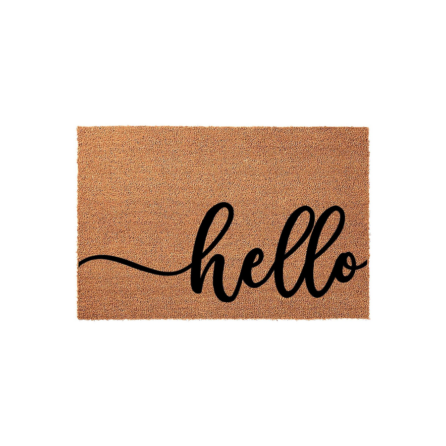 Hello coir doormat featuring a natural tan fiber texture and elegant black cursive script lettering, providing a welcoming touch to your front porch decor while keeping your home entryway clean and stylish for all your guests.