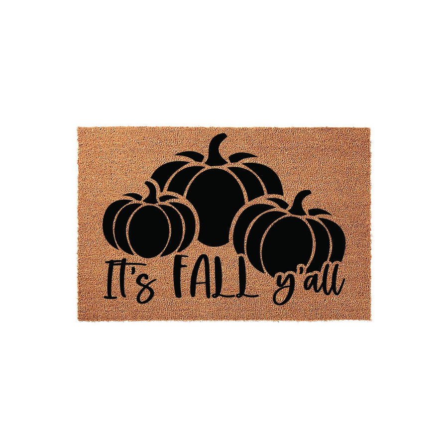 It's Fall Y'all pumpkin coir doormat featuring a trio of black silhouette pumpkins printed on a natural tan fiber background, creating a festive seasonal entryway decor piece for your front porch during the autumn harvest season.