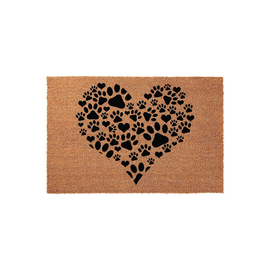 Heart Paw Print Coir Doormat featuring a large, central heart shape composed of various black dog paw prints and small hearts, set against a natural tan textured coir background for a rustic and welcoming entryway floor decor