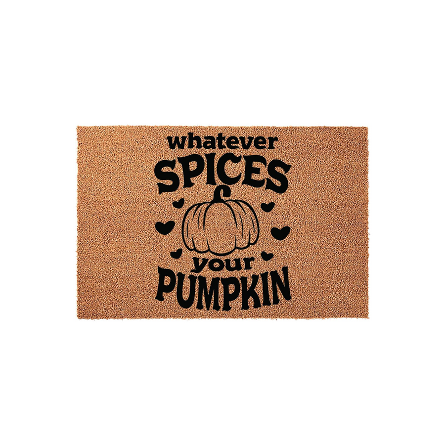 Whatever Spices Your Pumpkin fall doormat featuring a natural coir texture and bold black text with a central pumpkin illustration, creating a festive autumn entryway decor piece for your front porch during the harvest season.