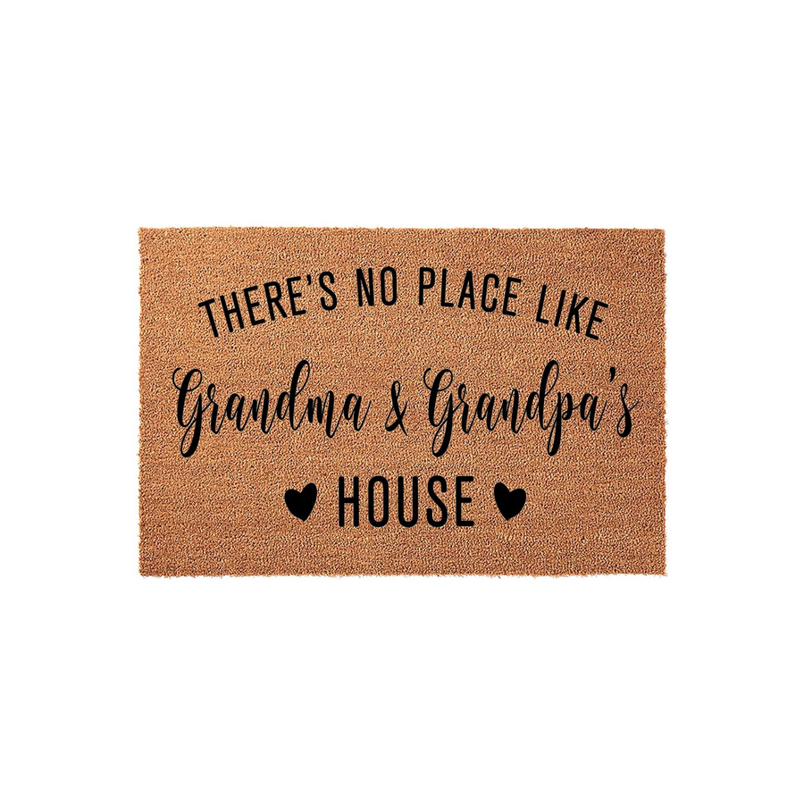 Grandma and Grandpa's House doormat featuring a natural coir texture with black printed text that reads There's No Place Like Grandma and Grandpa's House, accented by two small hearts on a clean white studio background.