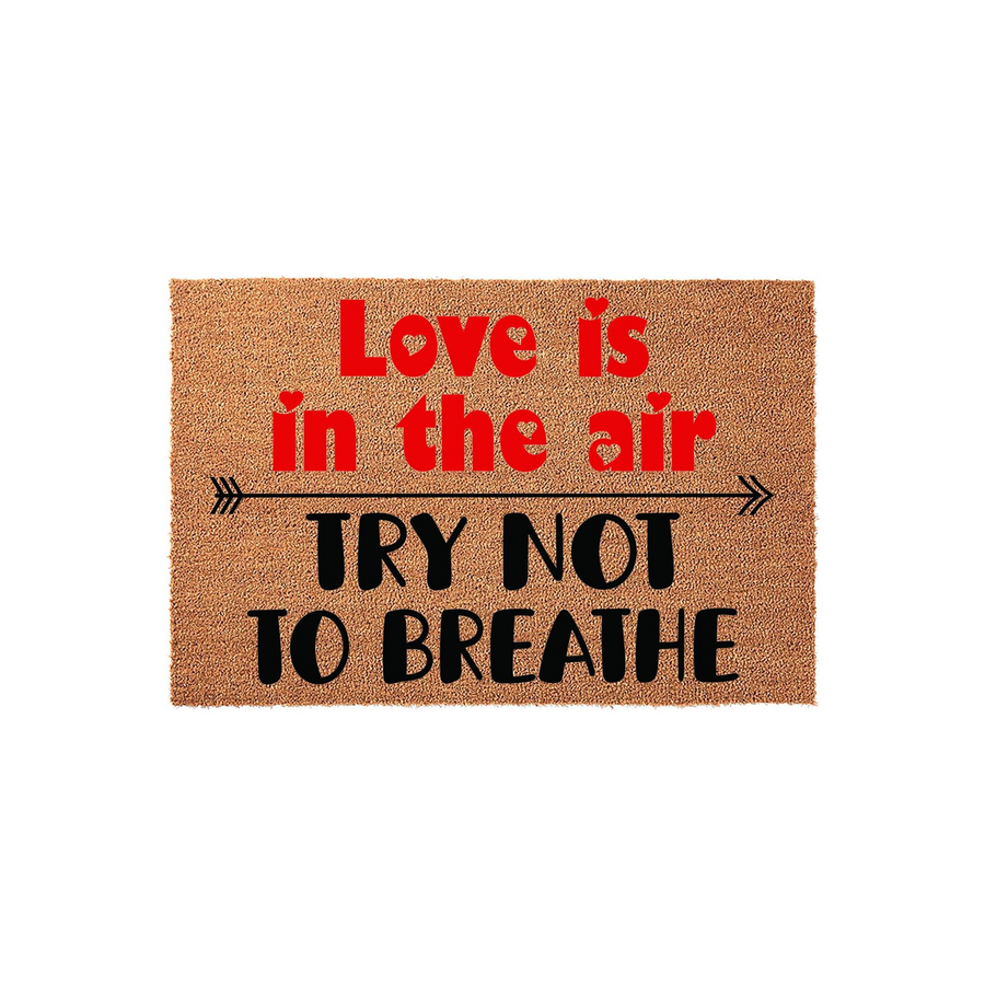 Funny Love Is In The Air Doormat featuring a natural coir texture with bold red and black text, accented by a decorative arrow graphic that separates the humorous message for a unique and welcoming front porch entryway decor