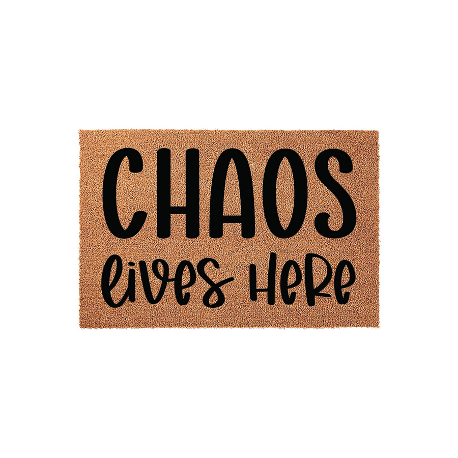 Chaos Lives Here funny doormat featuring bold black typography printed on a natural tan coir fiber mat, providing a humorous and welcoming touch to your front porch entryway decor against a clean white background.