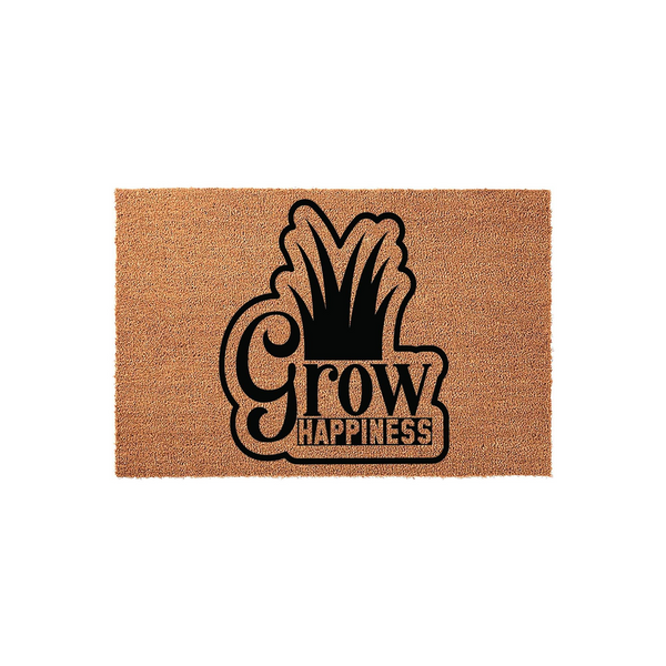 Grow Happiness coir doormat featuring a bold black graphic of stylized plants and the inspirational text Grow Happiness centered on a natural tan textured fiber background, perfect for a welcoming front porch or entryway decor.