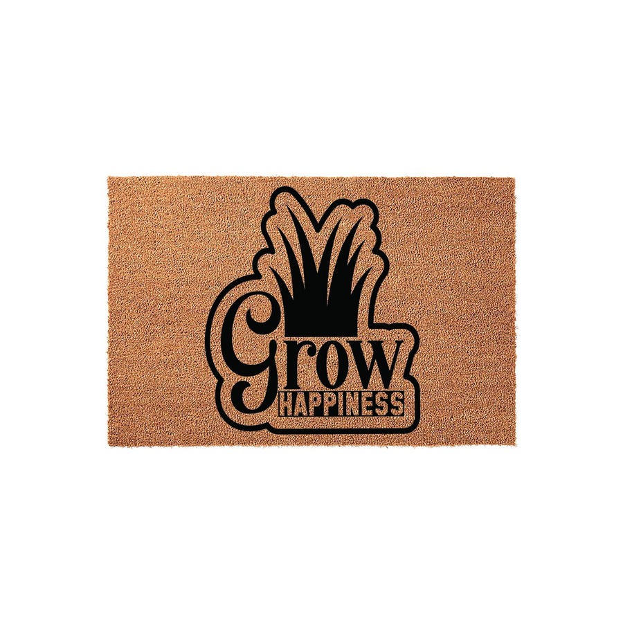 Grow Happiness coir doormat featuring a bold black graphic of stylized plants and the inspirational text Grow Happiness centered on a natural tan textured fiber background, perfect for a welcoming front porch or entryway decor.
