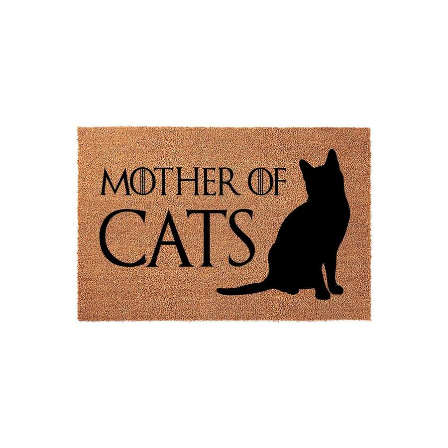 Mother of Cats coir doormat featuring a black silhouette of a sitting cat on a natural brown textured background, perfect for a cat lover's front porch entrance to show off their feline pride with this durable outdoor welcome mat.
