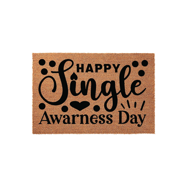 Happy Single Awareness Day coir doormat featuring bold black typography and a heart icon on a natural brown fiber background, designed as a humorous front porch welcome mat for those celebrating their independence on Valentine's