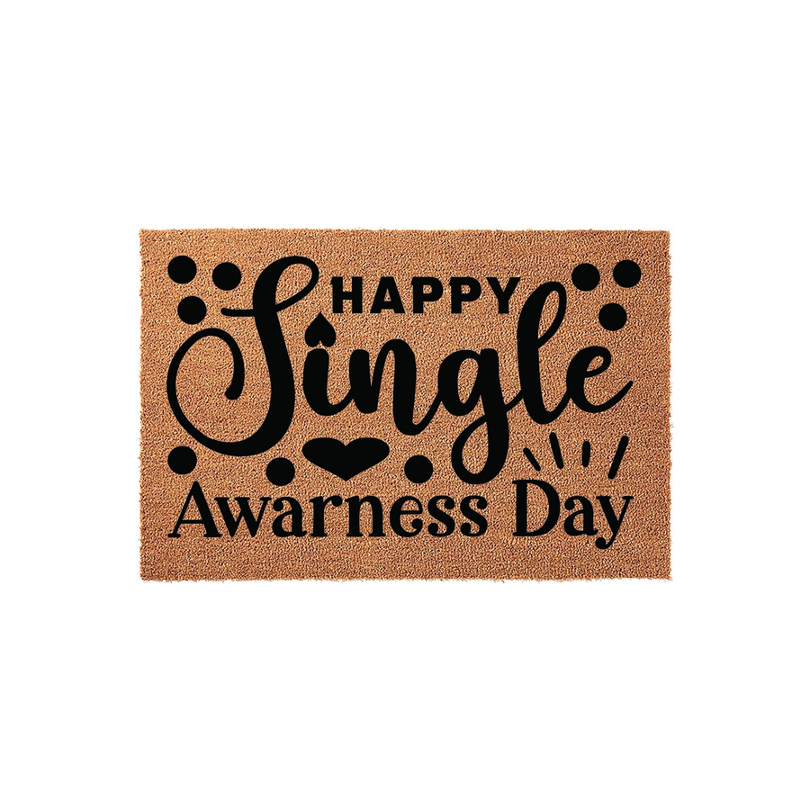 Happy Single Awareness Day coir doormat featuring bold black typography and a heart icon on a natural brown fiber background, designed as a humorous front porch welcome mat for those celebrating their independence on Valentine's